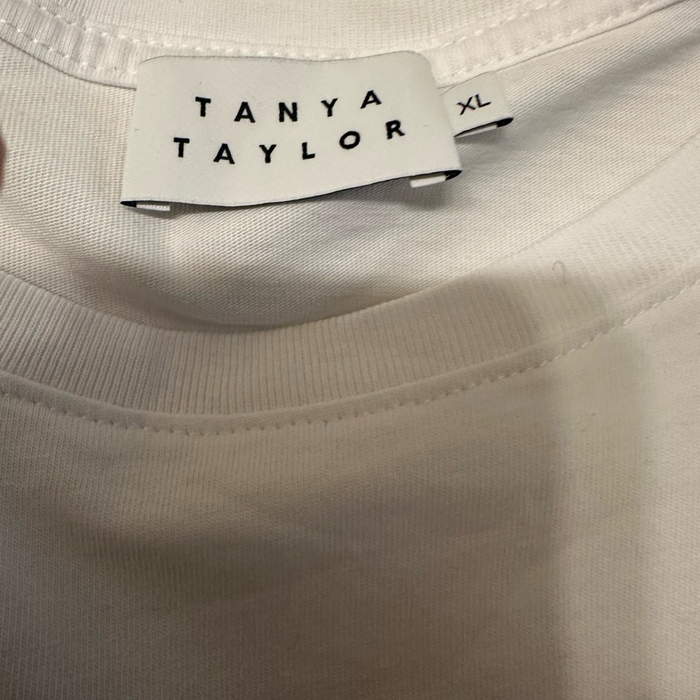 Tanya Taylor White T-Shirt with multicolored tie-dye sleeves super adorable